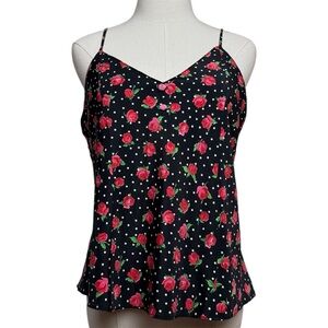 Vintage 90’s Circa 2000 Black White Polka Dot Floral Rose Pattern Cami Large